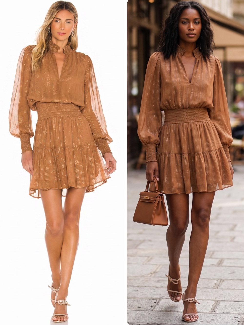 A.L.C. Silvie SILK Butterscotch Metallic Smocked Waist Mini Dress NWOT $495